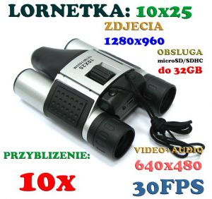 Lornetka 10x25 z Kamerą + Zapis Audio/Video + Aparat Foto +  Współpraca z PC + Akcesoria.